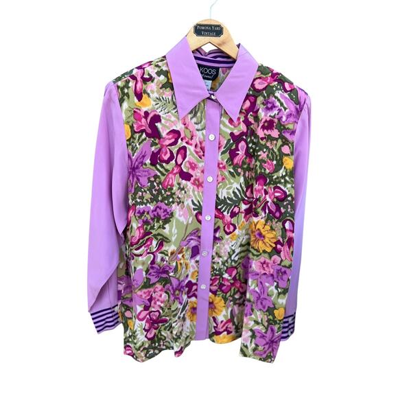 KOOS Women's Vintage Career Office Blouse 100% Silk Floral Purple Large NEW - Picture 1 of 8